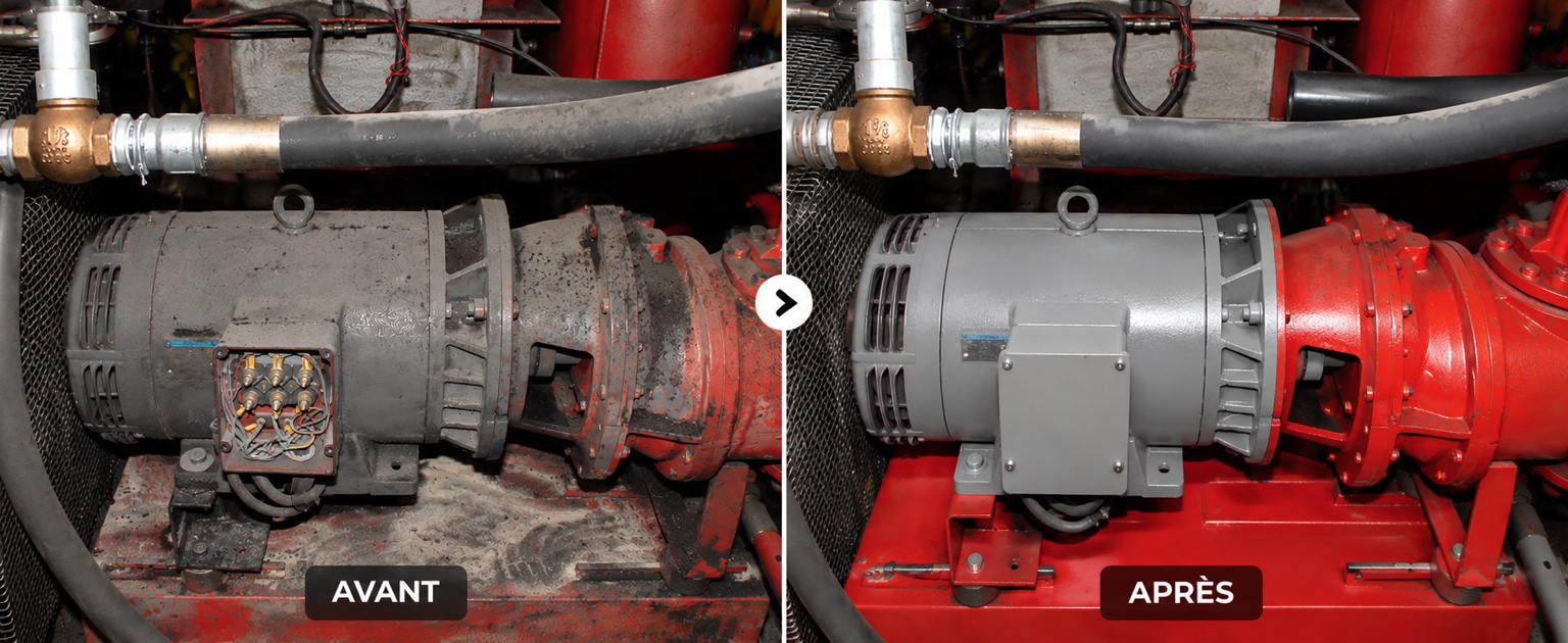 Comparatif avant et après nettoyage d’un moteur électrique industriel et de sa pompe