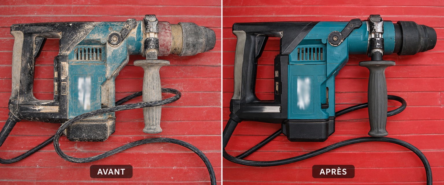 Comparatif avant et après nettoyage d’un perforateur électroportatif encrassé